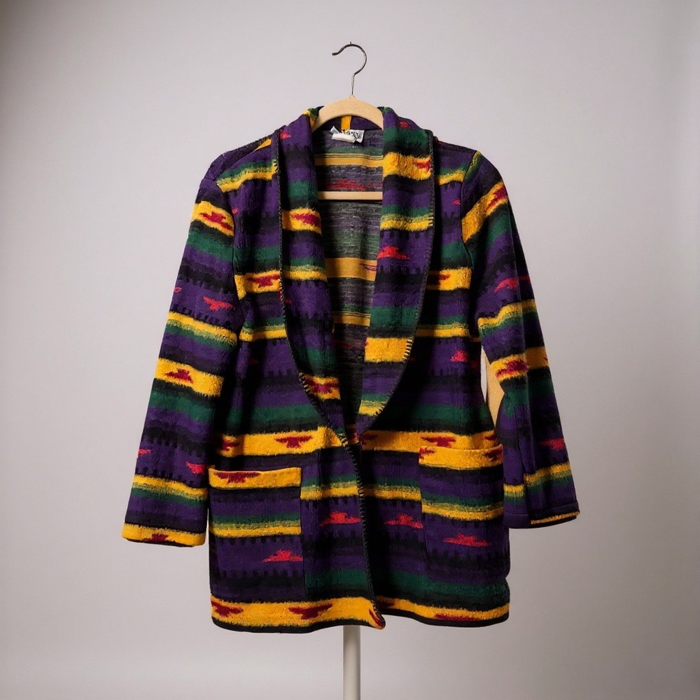Jeans Wear Southwestern‎ Aztec Fleece Jacket Purple Green Gold Women Medium